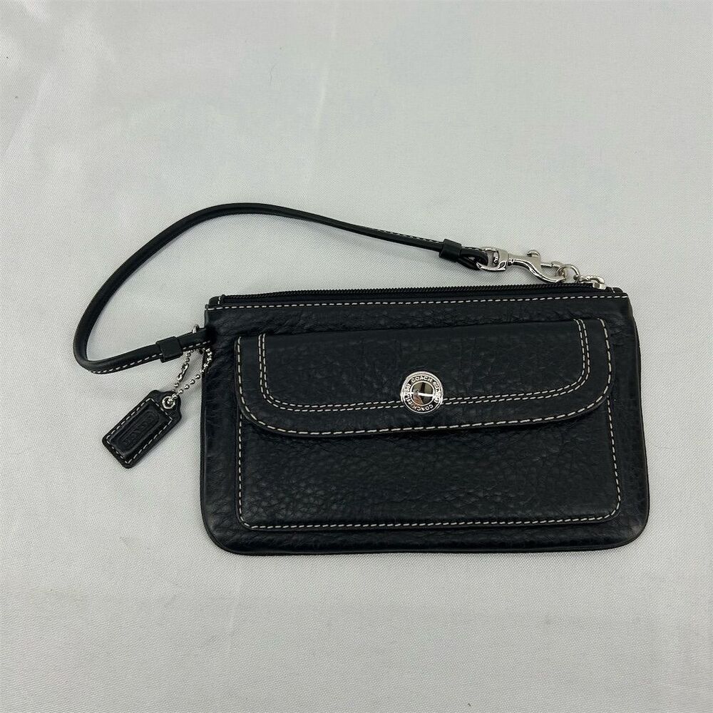 Coach Black Leather Wristlet Clutch with Silver Hardware